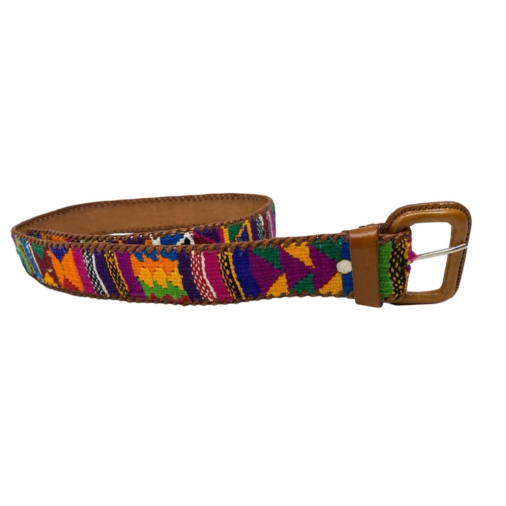 Vibrant Multicolor South Western Aztec Baja Style Belt Woven Leather Trim Sz 30